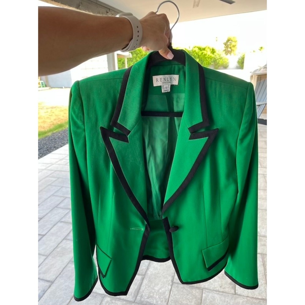 Renlyn New York Vintage Green Wool Blazer Black Trim Peplum Waist Size 6